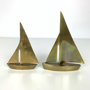 Set Of 2 Boat Figurine Brass Different Heights Vtg Patina Nautical Ships Ocean
